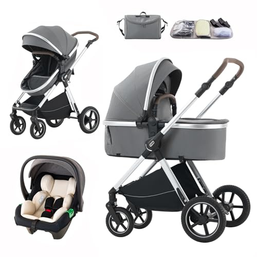 Mobayta Kinderwagen 3 in 1 Komplettset, 0-4 Jahre, bis 22 kg, Kombikinderwagen Reisesysteme für Neugeborene und Kleinkinder (DEEPGREY D2, H2-D)
