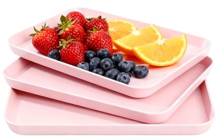 3 Stück Serviertablett, Rosa Kunststoff Tablett Klein, Rechteckig Tablett Tray, rutschfest Küchentablett für für Buffets, Feiern, Picknicks, Desserts (29.5x21x4.5cm)