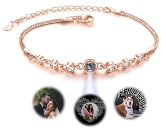 PiercingJak Bild Projektion Armband Personalisiertes Fotoarmband mit Foto im Stein Unendlichkeitszeichen Infinity Zirkonia Armkette Damen Armkettchen Personalisierte Geschenke für Freundin Frauen