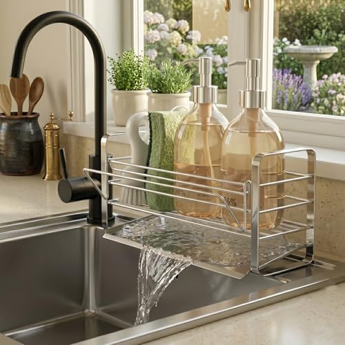 Spüle Organizer, Sink Organizer für Küche,Edelstahl Küchen Organizer Spüle, Spülbecken Organizer mit Abflusswanne, Handtuchhalter & Spültuchhalter ideal für Arbeitsplatte, Silber Boyuan