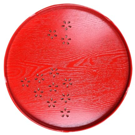 OSALADI Plateau à Thé de Mariage Rond en Bois Rouge Creux Accessoire Décoratif pour Cérémonie Plateau Pratique pour Service à Thé Traditionnel Fourniture de Mariage Élégante et Légère