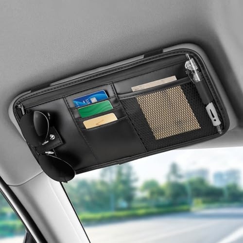 Linkstyle Auto Sonnenblende Organizer, PU-Leder Sun Visor Organizer mit Brillenhalter für Auto, Aufbewahrungstasche für Karte Stift Brille Quittung