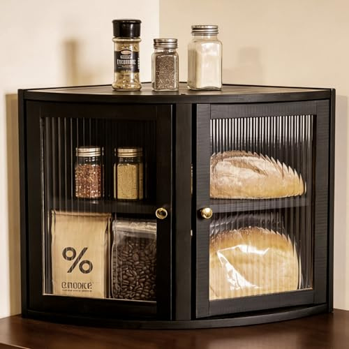 Guiwuiyu Corner Bread Storage Container, Bamboo Bread Storage Box for Kitchen, Black Double-Tier Adjustable Display Case, Cake Display Cabinet for Breads Dessert Cookie Baking