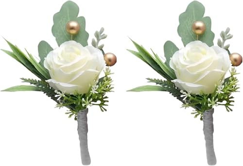 Fxieng 2Pcs Roses Boutonniere for Men Wedding, Groom Groomsman Artificial White Rose Flowers with pins for Wedding Anniversary Celebration,Prom,Party,Home Decoration Artificial Flowers