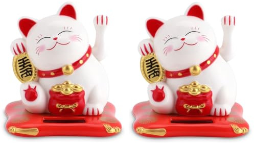 Cyrank 2PCS Winkekatze Solarbetriebene, Japanische Glückliche Katze, Chinesische Glückskatze Lucky Cat, Winkekatze Solar Für Home Car Display Decor(Weiß)