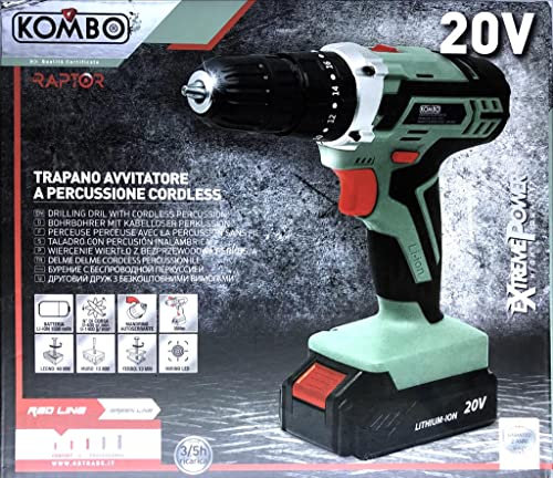 KOMBO - Trapano Avvitatore a Percussione 20V a Litio 1500mAh – Mandrino 10mm, 2 Velocità, 18+1 Posizioni di Coppia, Foratura Legno/Ferro/Muro, Batteria Ricaricabile Inclusa