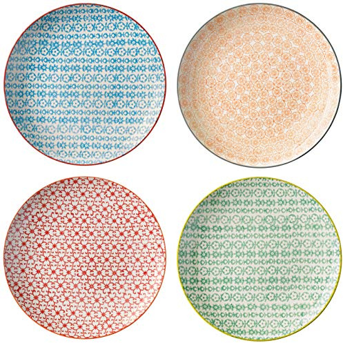 Bloomingville Ceramic 10'' Dinner Plates Carla Express - colorful Serving Dish with Pattern Dia 10'', orange blue green red, Stoneware, Set of 4 Styles