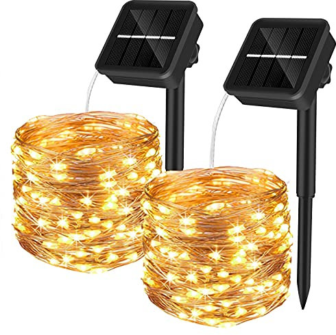 Yizhet Cadena de Luces de Navidad Solares, 2 Piezas 10M 100 Led Guirnaldas Luces Exterior Solar, Blanco Cálida, 8 Modos, Total 20M 200 Led Impermeable IP65 para Terraza, Patio, Jardin, Navideño