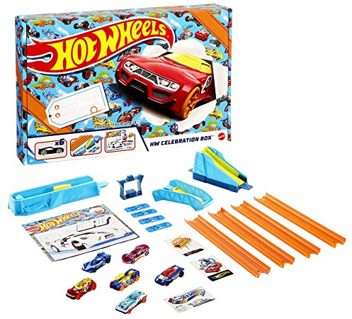 Hot Wheels HW Celebration Box Complete Starter Set With 6 Hot Wheels 1:64 Scale Cars, Track, Connectors, 4-Speed Launcher, Ramps, Activity Page & Stickers, Gift for Kids 4 Years Old & Up, GWN96