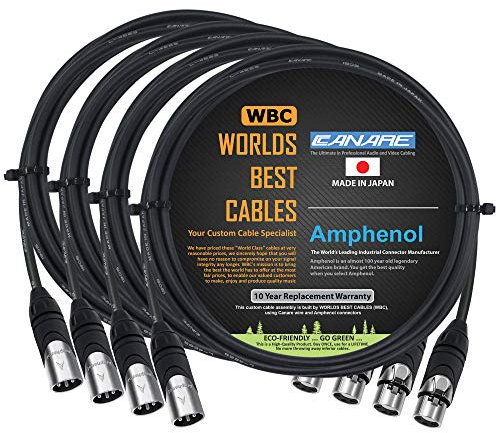 4 Units - 0.5 Meter - Canare L-4E6S, Star Quad Balanced Male to Female Microphone Cables with Amphenol AX3M & AX3F Silver XLR Connectors - Custom Made by WORLDS BEST CABLES