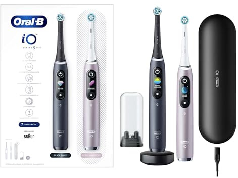 Oral-B iO 9 Doppelpack Elektrische Zahnbürste/Electric Toothbrush mit revolutionärer Magnet-Technologie & Mikrovibrationen, 7 Putzmodi, 3D-Analyse, Farbdisplay & Lade-Reiseetui, black onyx/rose quartz