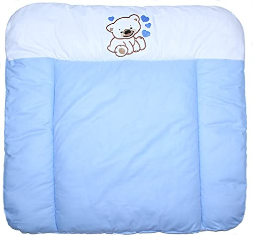 Wickelauflage mit Applikation - Bärchen mit Herzen Blau - Wickeltischauflage Baby Auflage (70 x 85 cm)