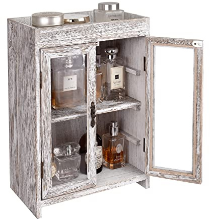 Ikee Design Kleiner Holzschrank mit verstellbaren Regalen und abnehmbaren Haken, perfekt für Parfüm, Speisekammer, ätherisches Öl, 26 x 15 x 37 cm (B x T x H), Antikweiß