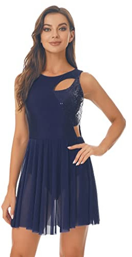 Yihuimin Damen Tanzkleid Ärmellos Glitzer Tanzanzug Cut Out Tanzkostüm Ballettanzug Eiskunstlauf Kleid Tanzkleidung Navy_Blau XL
