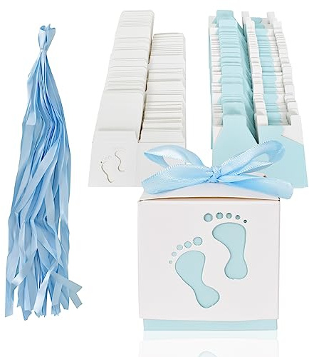 50 Stück Geschenkbox, Süßigkeit Kästen Gastgeschenk Box, Neugeborene Baby Taufe Box Mit Band Party Favor Boxen für Babydusche Kinder Geburtstag, Hochzeit, Taufe Geburt Party (Blau)