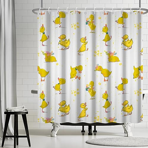 Duschvorhang mit gelber Ente und Haken für Badezimmer, dekorativ, 180x200cm | Duschvorhang mit niedlichem Cartoon-Entenmotiv, lustigen Tieren und gelben Blumen, wasserdicht, waschbar, aus Polyester