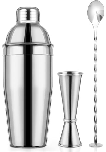 X Home Juego de coctelera, Juego de Herramientas de Bar Amateur de 3 Piezas con medidor fácil de medir, Cuchara mezcladora de 10 Pulgadas, coctelera de 24 onzas, elección del Principiante