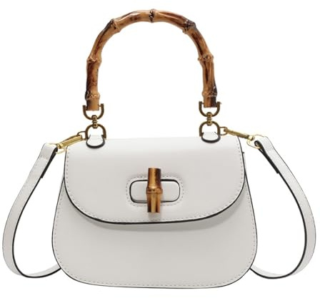Yuizko Women'S Leather Tote Handbags,Bamboo Shaped Top Handle Satchel Crossbody Bag Vintage Shoulder Bag, White
