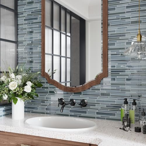 CRE8TIVE Blue Peel & Stick Wall Tiles - Long Strip 3D Tiles for Kitchen, Bathroom, Laundry Room & Fireplace - Waterproof Splashback - Mosaic Style - 30.5cm x 30.5cm - 4 Pieces