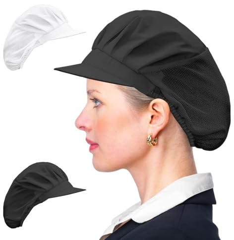 JTMKYO 2 Gorros de Cocinero Blancos y Negros, Red para el Pelo para Gastronomía, Gorro de Cocina para Hombre y Mujer, Talla M-L