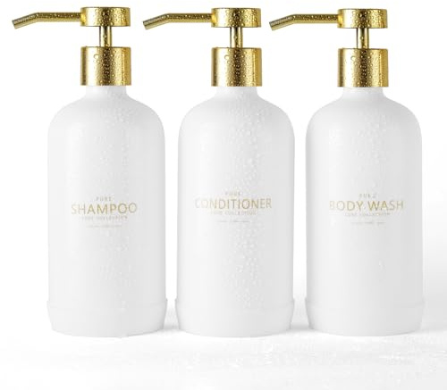 Janxin Shampoo- und Conditioner-Spender, nachfüllbare 600ml Shampooflaschen, Duschspender mit wasserfesten Etiketten für das Badezimmer (Weiße Flaschen + Goldene Pumpen)