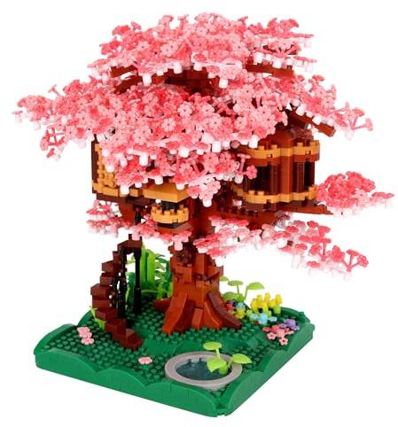 GaoDeBuChou Kirschblüte Baumhaus,Blumen Bonsai Baum,2028 PCS Botanical Mikro klemmbausteine Set für Erwachsene und 14+Kinder,Nicht kompatibel mit Lgo(Mit einem Lichtset)