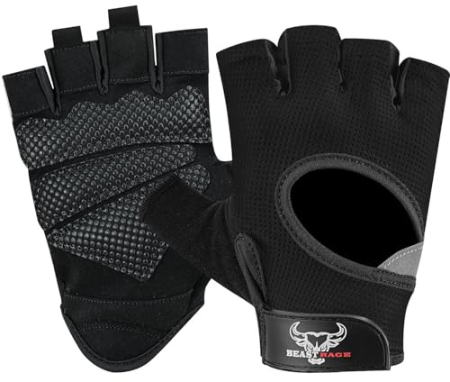 BEAST RAGE Gewichtheberhandschuhe für Männer und Frauen, Gym Handschuhe für Crossfit.Atmungsaktiv,rutschfest Silikon gepolsterte Handfläche Schutz Trainingshandschuhe für Gewichtheben (SCHWARZ, L)