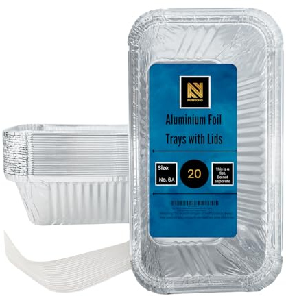 NUNOCHO Aluminium Foil Trays with Lids, Food Containers Pack of 20, 650ml | Air Fryer Liners, Disposable, Reusable, Takeaway Boxes, Baking, Freezer Storage Boxes, Meal Prep Containers, Food Trays.