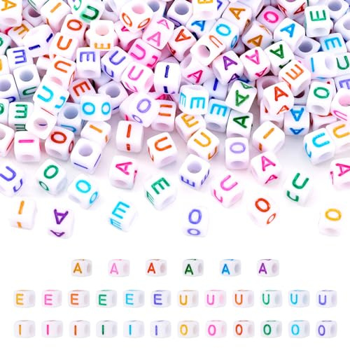FASHEWELRY 500 Stück Acryl-Alphabet-Perlen, würfelförmig, 6 mm, bunt, quadratisch, Vokal-Buchstaben-Perlen, A-E, I, O, U, Initiale, Abstandshalter für Freundschaftsarmbänder, Halsketten,