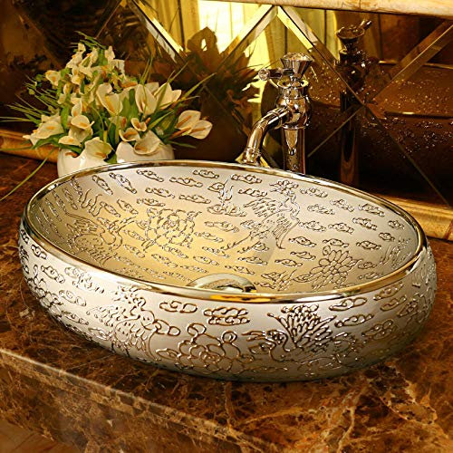 CCKUHN Badezimmer-Waschbecken, Aufsatzwaschbecken, oval, silberfarben, Retro-Stil, Kunst-Aufsatzwaschbecken, handgefertigtes Keramik-Badezimmer-Waschbecken, Keramik-Kunstwaschbecken