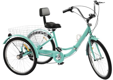 24 tum vuxen trehjuling 7 växlar 3 hjul hopfällbar cykel tricycle hopfällbar cykel med LED-ljus shoppingkorg, vattenkoppshållare (grön)