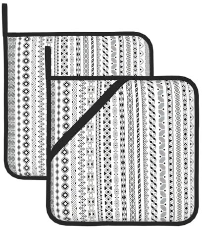 Set di 2 presine da cucina in stile bohémien, resistenti al calore, con stampa a strisce triangolari, per cucina, cottura e barbecue