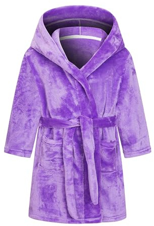 NautySaurs morgonrock för flickor barn enfärgade badrockar barn huva flanell fleece rock för pojkar, Lila, 7-9 Years