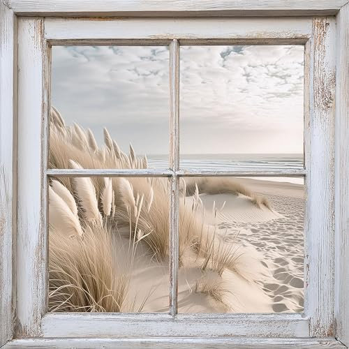artissimo, Glasbild, 50x50cm, AG5595A, Strand und Meer: Blick aus dem Fenster II, Bild aus Glas, moderne Wanddekoration aus Glas, Wandbild Wohnzimmer modern, blau beige