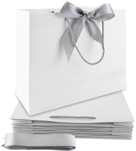 MIVIDE 24 Stück Geschenktüten aus Papier mit Schleife, 32 x 25 x 11 cm Geschenktaschen Papier Weiß mit Griff, Geschenktüte Weiß mit Griff für Hochzeits, Weihnachten, Partyfeiern, Geschenke