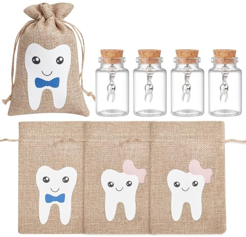 WEBEEDY 4 pièces Bouteille en Verre de la Petite Souris avec 4 Sac de la Petite Souris pour Les Dents Perdues Porte Dents en Verre avec Bouchons en Liège Petits Pots de Rangement Vides