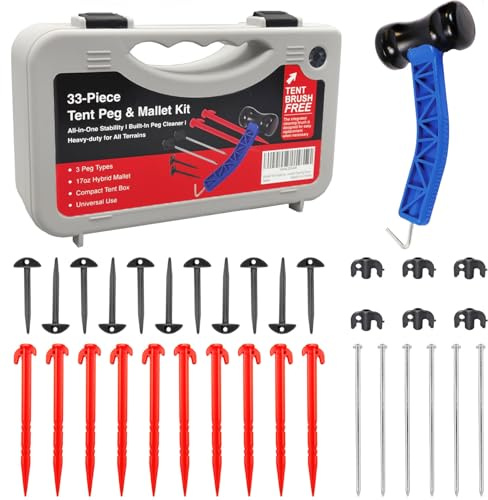 HolaKit Tent Stake and Mallet Kit, 33-Piece Heavy-Duty Camping Accessory Set with 17oz Rubber/Steel Mallet, Plastic and Steel Stakes, Groundsheet Stakes, and Peg Box with Cleaning Brush