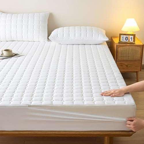 Coprimaterasso trapuntato personalizzabile, con chiusura a cerniera, per letto matrimoniale/singolo/king size, lavabile, anti polvere, totale a 360°, bianco (135 x 200 + 15 cm)