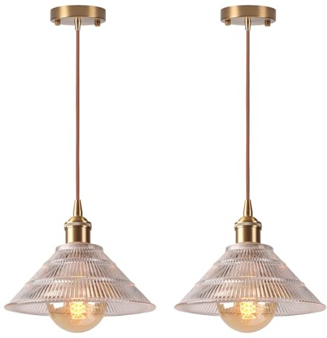 LIGKIN 2 Piezas Lámparas Colgantes Vidrio Vintage Latón Lámpara de Techo Industrial E27 Pantalla de Cristal Iluminación para Cocina Comedor Dormitorio