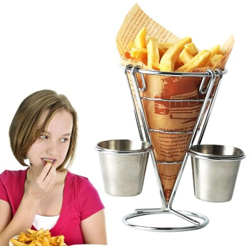 Frituur - Soporte para conos de fritura con 2 cuencos para salsa, soporte para patatas fritas y patatas fritas para eventos al aire libre, restaurante de cocina, jardín