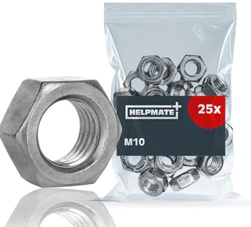 HELPMATE - Dado esagonale M10 DIN 934 - acciaio elettrozincato - 25 pezzi - classe di resistenza 8 - dadi per ambienti interni o asciutti