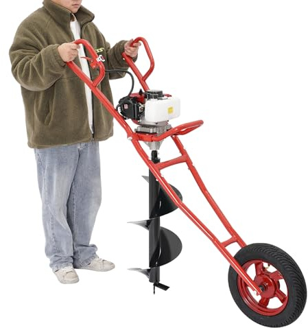 HPDTZ Jordborr, bensinborr, borrspade, handborr, 52 cm³ 1,46 kW för trädgårdsarbete, staketstolpar, trädsticklingar och byggprojekt med hjul och kylning (röd)