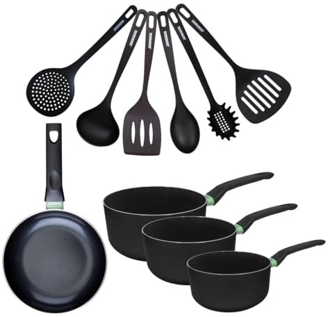 Fackelmann 9432450 Set 1 poêle 20 cm, 3 casseroles antiadhésives revêtement céramique et 6 ustensiles, poêle sans PFAS, tous feux, induction, Aluminium, RPET, Noir, Vert, 16 18 et 20 cm
