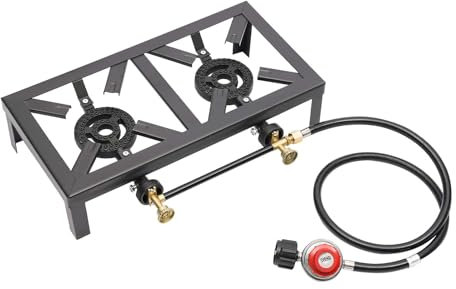 Fornello a gas portatile a doppio bruciatore – Fornello a propano da esterno per campeggio, barbecue, ristoranti e catering, con calore regolabile e tubo regolatore