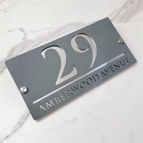 Personalisiertes, lasergeschnittenes Acryl-Hausnummernschild, personalisiertes Hausnummernschild für den Außenbereich, Adressstraße für Wanddekoration (Grau-Silber)