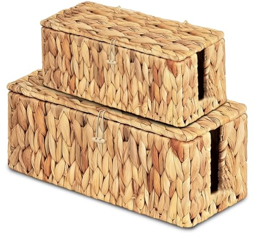 LOMUG Lot de 2 boîtes à câbles en jacinthe d'eau faites à la main avec multiprise avec couvercle, boîte de gestion des câbles avec ouverture latérale pour cacher les câbles, convient pour le bureau