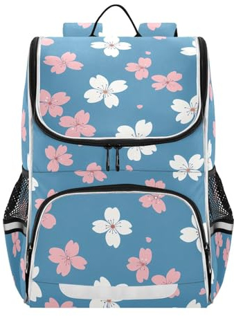 Mnsruu Sac à dos pour enfants avec bande réfléchissante Motif fleurs de cerisier Blanc/rose
