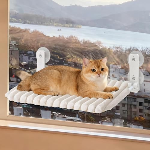 CAIEJSAEN Weiche Katzen Fensterhängematte Sitzstange Faltbar mit Abnehmbarem und Wendbarem Bezug Saugnäpfen Fensterbrettauflage Fensterliegeplatz für Glatte Oberflächen