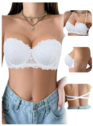 SHENHE Women's Lace Strapless Bras Backless Push Up Halter Neck Convertible Multiway Bra with Silicone Wings White 34C