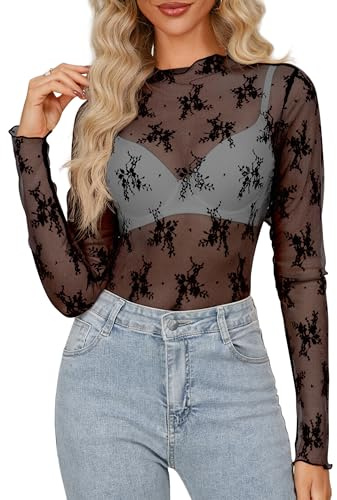 Homlan Camiseta Sexy de Malla para Mujer, Manga Larga, Transparente, Cuello Alto, Estampado Floral, Blusa Clubwear